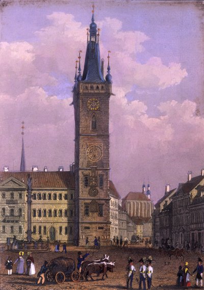 新市庁舎、プラハ、1847年（色鋼彫刻） 作： Vincenc Morstadt