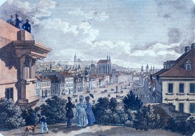プラハのヴァーツラフ広場の馬市場、1835年（色鋼彫刻） 作： Vincenc and Geissler, F. Morstadt