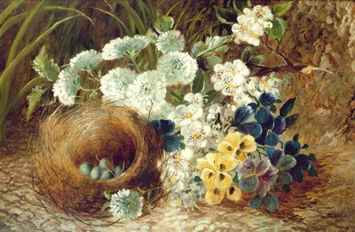 苔むした土手に咲く花と鳥の巣の静物 作： Vincent (after) Clare