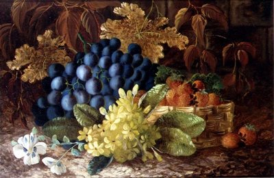 苔の生えた土手にブドウとイチゴのバスケットを置いた静物画 作： Vincent (after) Clare
