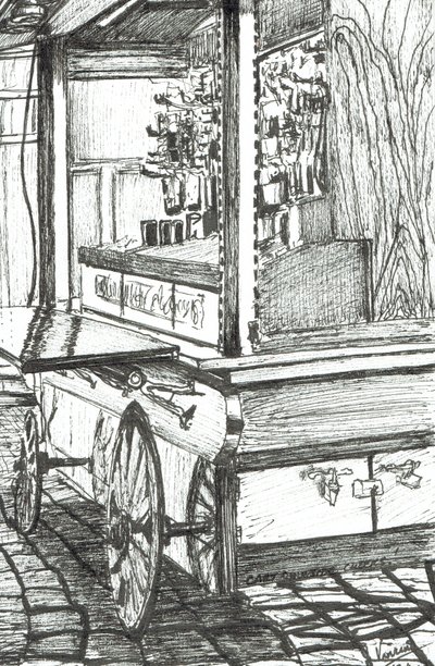 チアーズバーボストンUSA外のカート、2003年（紙にインク） 作： Vincent Alexander Booth