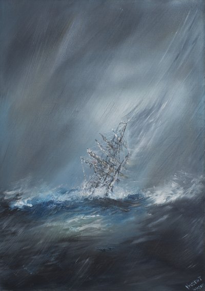 1832年12月24日、ホーン岬沖の嵐の中のHMSビーグル。 2012、（油彩、カンバス） 作： Vincent Alexander Booth