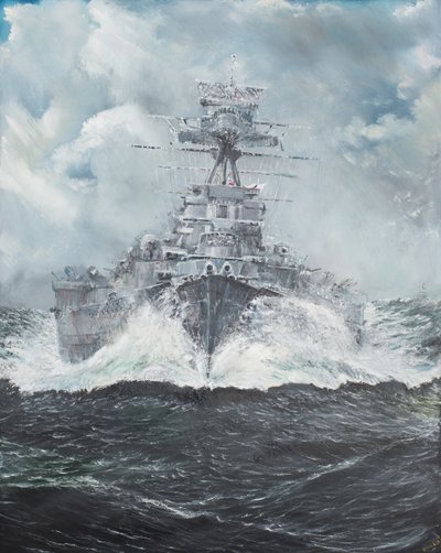 HMSフードは1941年5月23日、ビスマルクに向かいます（2014年5月23日、油彩、キャンバス）。 作： Vincent Alexander Booth