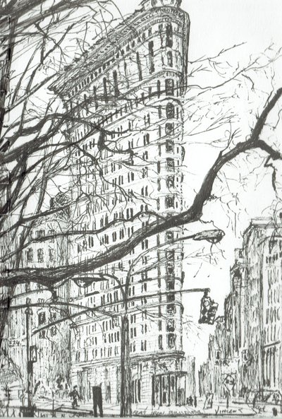 ニューヨークフラットアイアンビルディング、2003年（紙にインク） 作： Vincent Alexander Booth