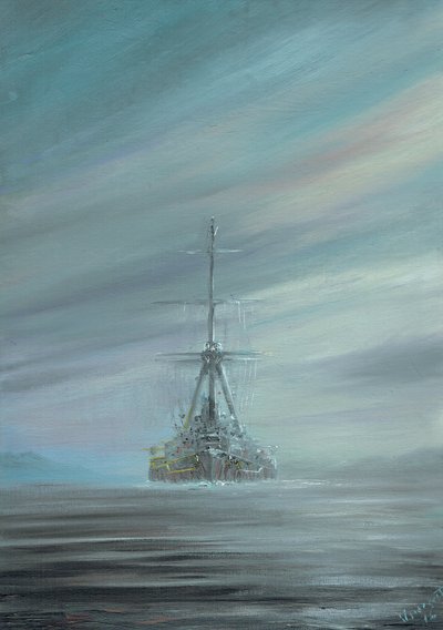 SMS Derfflinger Scapa Flow 1919、2016、（キャンバスボードの油性インク） 作： Vincent Alexander Booth