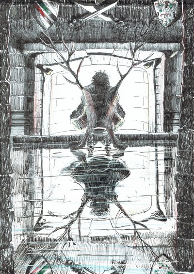 ページ15、フィンドホーンの森の城、2006年（紙にインク） 作： Vincent Alexander Booth