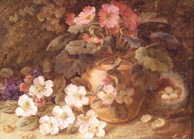 リンゴの花、サクラソウ、鳥の巣のある静物画 作： Vincent Clare