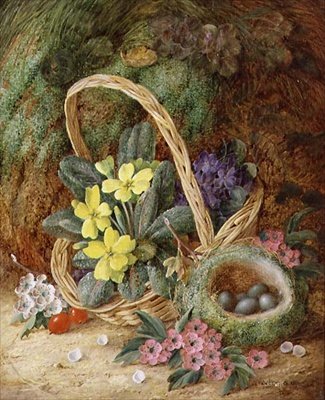 サクラソウと鳥の巣のある静物画（油彩・キャンバス） 作： Vincent Clare