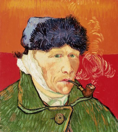 包帯を巻いた耳とパイプの自画像、1889年。 作： Vincent van Gogh