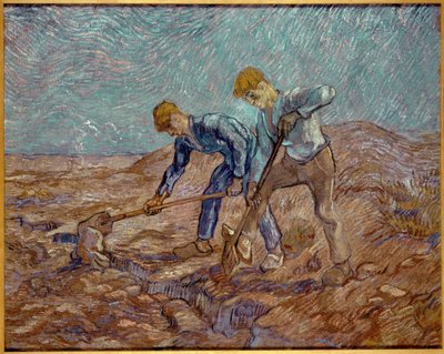ミレーの後を掘る 2 人の農民、1889 年。 作： Vincent van Gogh
