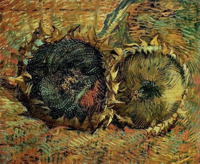 1887 年にカットされた 2 つのヒマワリ。 作： Vincent van Gogh