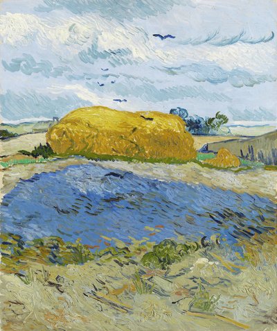 曇り空の下の小麦の山、オーヴェル・シュル・オワーズ、1889年。 作： Vincent van Gogh