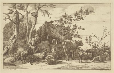 老朽化した納屋の前で牛と一緒に座っている羊飼い 作： Vincent Jansz. van der Vinne