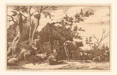 老朽化した納屋の前で牛と一緒に座っている羊飼い 作： Vincent Jansz. van der Vinne