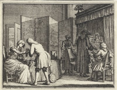 病床の周りの人影と女性に包帯を巻く医師 作： Vincent Laurensz. van der Vinne (II)