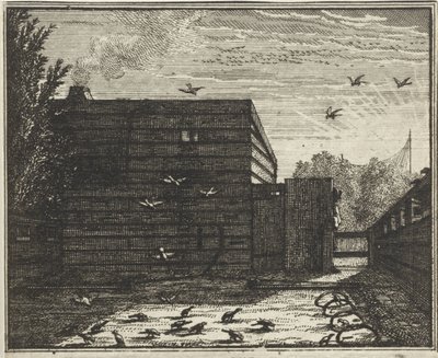 鳥のわなの近くのフェンスの後ろにいる男 作： Vincent Laurensz. van der Vinne (II)