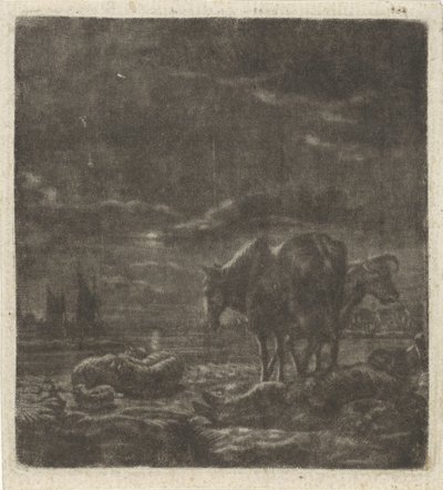 眠っている羊飼いと牛の夜の風景 作： Vincent Laurensz. van der Vinne (II)
