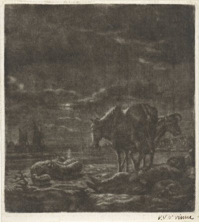 眠っている羊飼いと牛の夜の風景 作： Vincent Laurensz. van der Vinne (II)