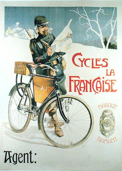 自転車に乗って地図を読む兵士、サイクル「ラ・フランセーズ」の宣伝ポスター（カラーリトグラフ） 作： Vincent Lorant Heilbronn