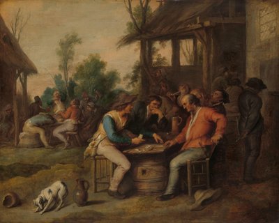 田舎の旅館の外のカードで二人の男 作： Vincent Malò (II) (attributed to)
