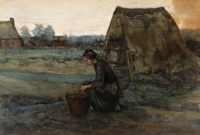 小屋の前でひざまずく農民の女性。小屋の前にひざまずく農民の女性、1883年 作： Vincent van Gogh