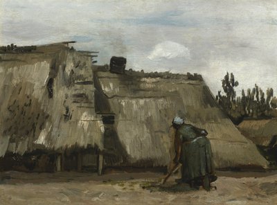 コテージの前を掘る農民の女性、1885年 作： Vincent van Gogh