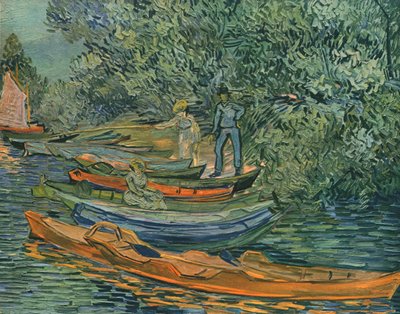 1890年、1947年、オーヴェルズでボートを漕ぐ川の銀行。 作： Vincent van Gogh