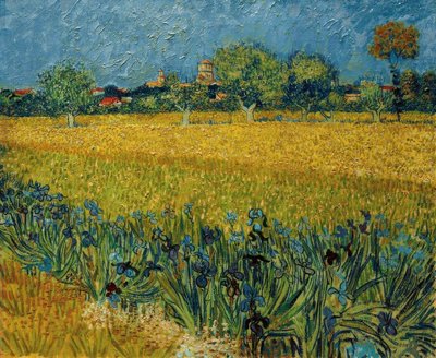 フォアグラウンドでアイリスの花とアルルのビュー 作： Vincent van Gogh