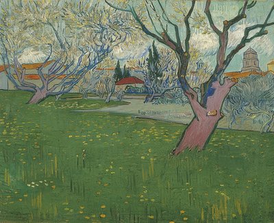 アルルの景色を望む開花果樹園。 1889 作： Vincent van Gogh