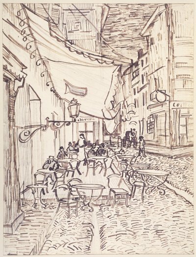1888年9月の夜のカフェテラス（葦ペンと簀の紙にグラファイト入りのインク） 作： Vincent van Gogh