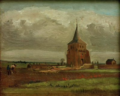 耕作農家がいるヌエネンの古い墓地の塔 作： Vincent van Gogh