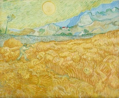収穫、刈り取り機付きのトウモロコシ畑（la moisson）。 1889 作： Vincent van Gogh