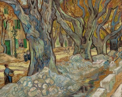 大きな飛行機の木（サンレミの道路作業員）。 1889 作： Vincent van Gogh