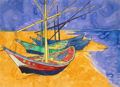 サン＝マリ＝ド＝ラ＝メールの浜辺の漁船（紙に水彩とペン＆インク 作： Vincent van Gogh