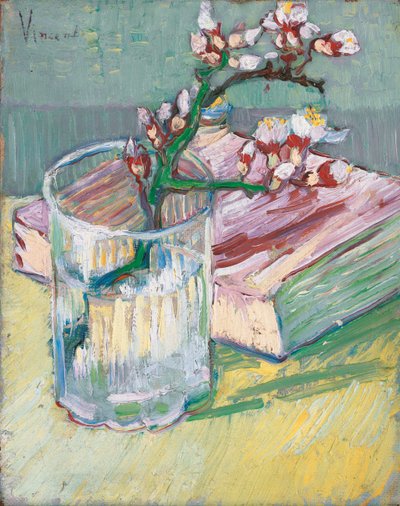 本とグラスにアーモンドの枝を開花、1888 作： Vincent van Gogh