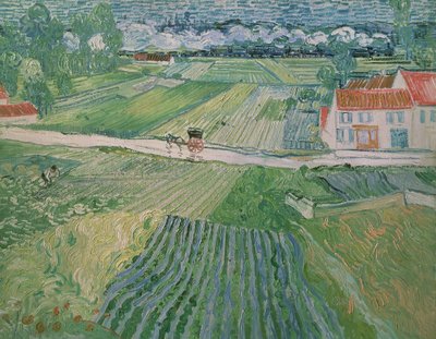 雨のオーヴェルの風景（馬車と電車のある風景） 作： Vincent van Gogh