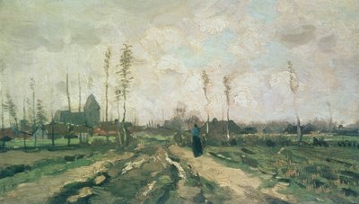 教会と家のある風景、ニュエネン、1885 作： Vincent van Gogh