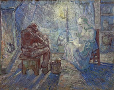 "Night" (夜) 室内の農民家族 - フィンセント・ファン・ゴッホ (1853-1890) によるミレーの後の絵画 作： Vincent van Gogh