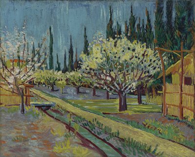 ヒノキに縁取られた果樹園 作： Vincent van Gogh