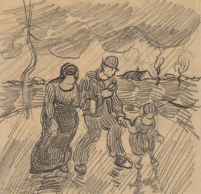 雨の中で路上で子供とカップルします。 1890 作： Vincent van Gogh