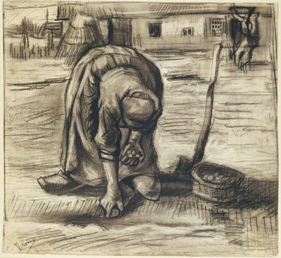 ジャガイモを植える農婦 1885年頃（紙に黒チョーク、木炭） 作： Vincent van Gogh