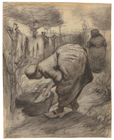 庭の洗面台を持つ農民。 1885年に庭に池を持つ農民の女性 作： Vincent van Gogh