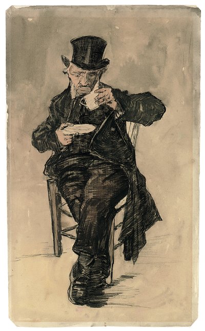 コーヒーを飲む上半身裸の貧民街住人（1882年 作： Vincent van Gogh