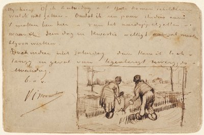 1885年の2人の農民の掘り込みの絵葉書（はがきにペンと茶色のインク） 作： Vincent van Gogh