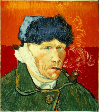 毛皮の帽子、包帯の耳、タバコのパイプが付いた自画像 作： Vincent van Gogh