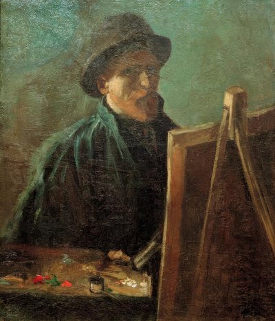イーゼルの前に暗い毛皮の帽子をかぶった自画像 作： Vincent van Gogh