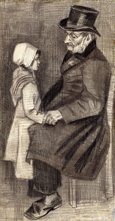 小さな女の子と一緒に座っている男;フィレと座っている男、1882 作： Vincent van Gogh