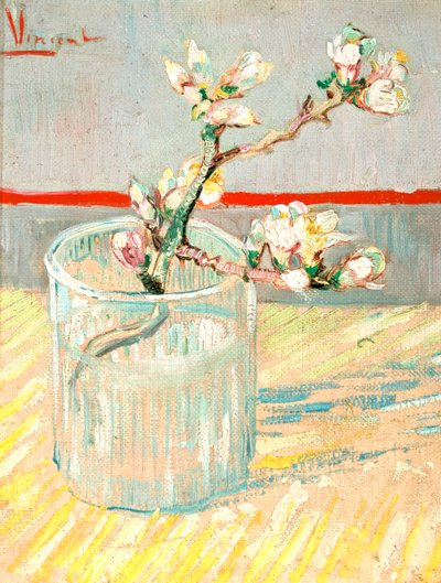グラスに咲くアーモンドの花の小枝、1888年。 作： Vincent van Gogh
