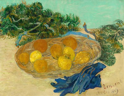 青い手袋をしたオレンジとレモンの静物、1889年。 作： Vincent van Gogh