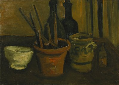 植木鉢にブラシのある静物。植木鉢のブラシのある静物、1884 作： Vincent van Gogh